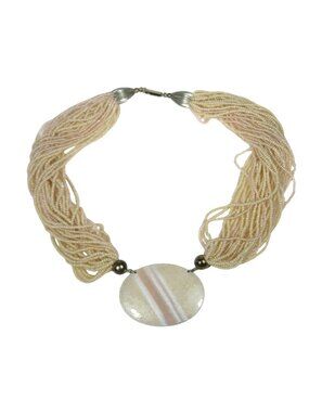 Glass Seed Beaded Multi Strand Necklace Oval Pendant Guilloche Enamel Vintage 18